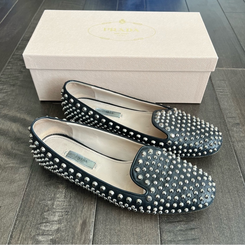 Prada Black Leather Studded Loafers
